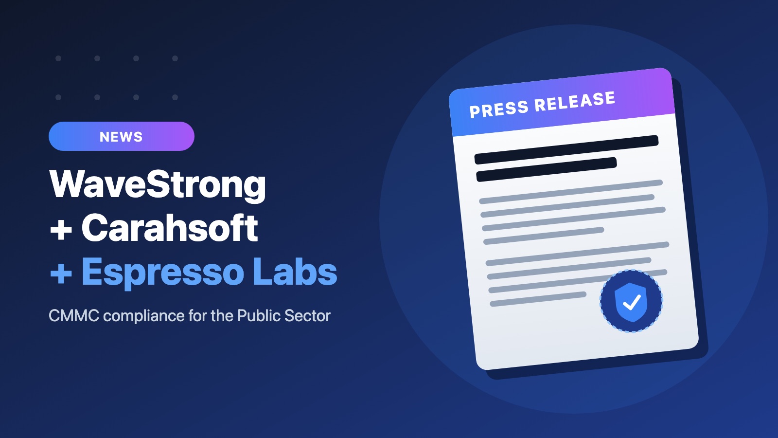 Press release graphic announcing the WaveStrong, Carahsoft, and Espresso Labs partnership for CMMC compliance in the Public Sector